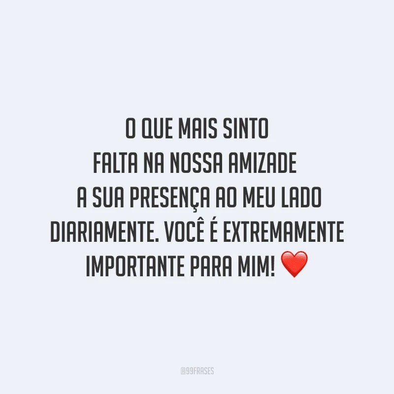 O que mais sinto falta na nossa amizade é a sua presença ao meu lado diariamente. Você é extremamente importante para mim! 