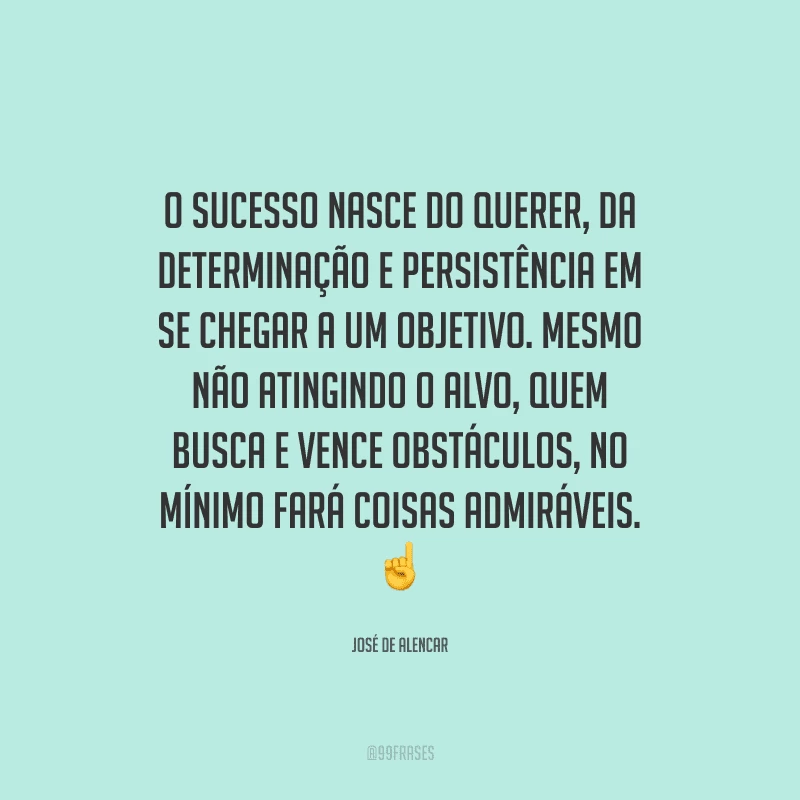 O sucesso nasce do querer, da determinação e persistência em se chegar a um objetivo. Mesmo não atingindo o alvo, quem busca e vence obstáculos, no mínimo fará coisas admiráveis. 
