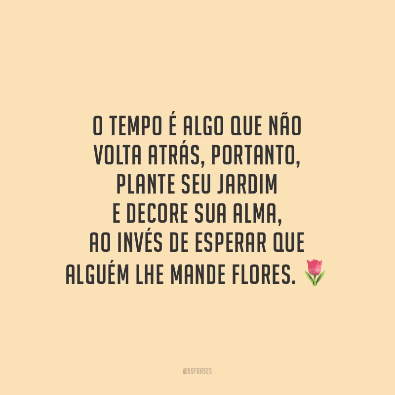 O tempo é algo que não volta atrás, portanto, plante seu jardim e decore sua alma, ao invés de esperar que alguém lhe mande flores.