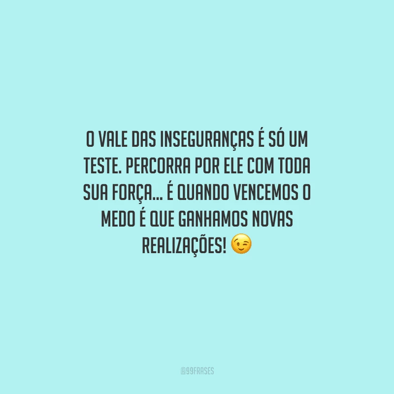 O vale das inseguranças é só um teste. Percorra por ele com toda sua força... É quando vencemos o medo é que ganhamos novas realizações! 