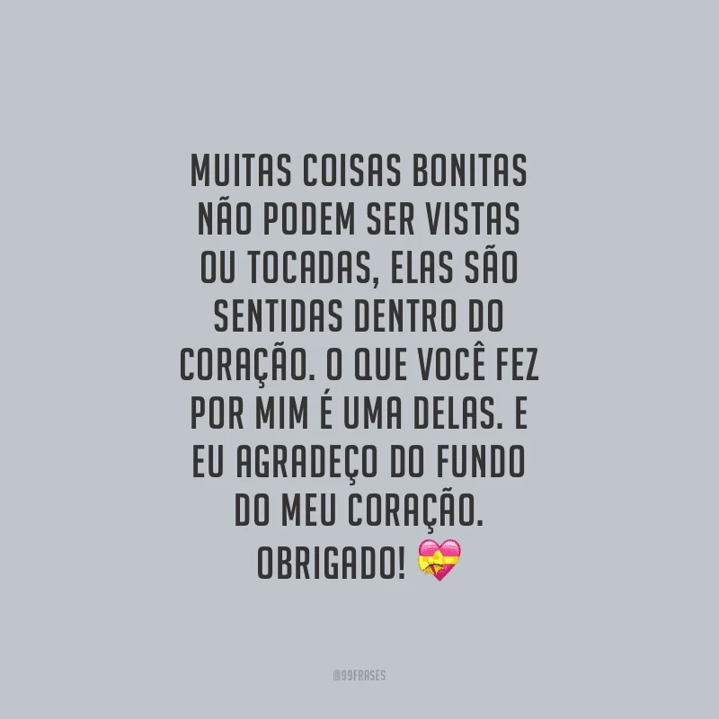 Muitas coisas bonitas não podem ser vistas ou tocadas, elas são sentidas dentro do coração. O que você fez por mim é uma delas. E eu agradeço do fundo do meu coração. Obrigado!
