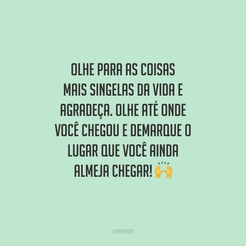 Olhe para as coisas mais singelas da vida e agradeça. Olhe até onde você chegou e demarque o lugar que você ainda almeja chegar! 