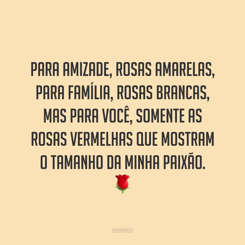 Para amizade, rosas amarelas, para família, rosas brancas, mas para você, somente as rosas vermelhas que mostram o tamanho da minha paixão. 🌹