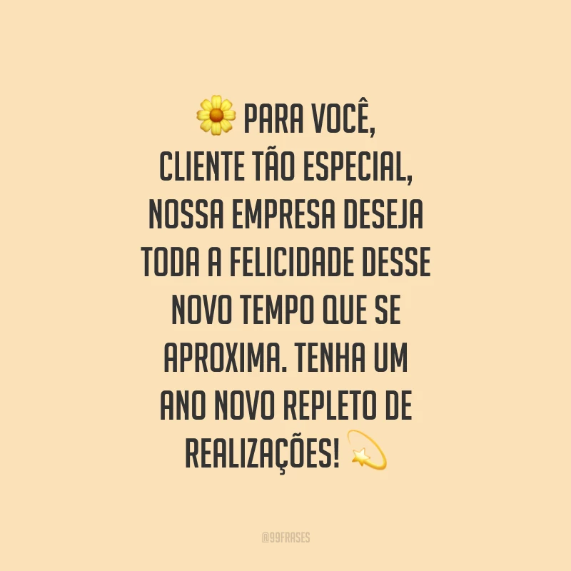 Para você, cliente tão especial, nossa empresa deseja toda a felicidade desse novo tempo que se aproxima. Tenha um Ano Novo repleto de realizações!