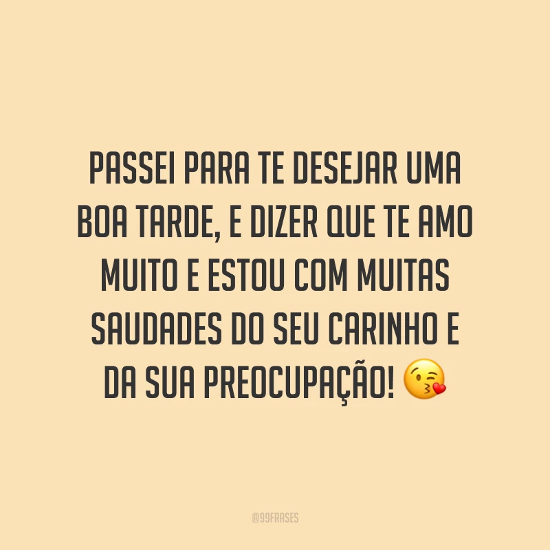 Passei para te desejar uma boa tarde, e dizer que te amo muito e estou com muitas saudades do seu carinho e da sua preocupação! 😘