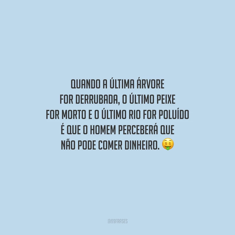 Quando a última árvore for derrubada, o último peixe for morto e o último rio for poluído é que o homem perceberá que não pode comer dinheiro.