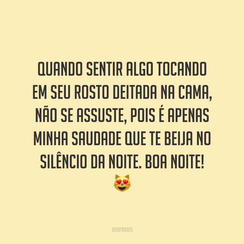 Quando sentir algo tocando em seu rosto deitada na cama, não se assuste, pois é apenas minha saudade que te beija no silêncio da noite. Boa noite! 😻