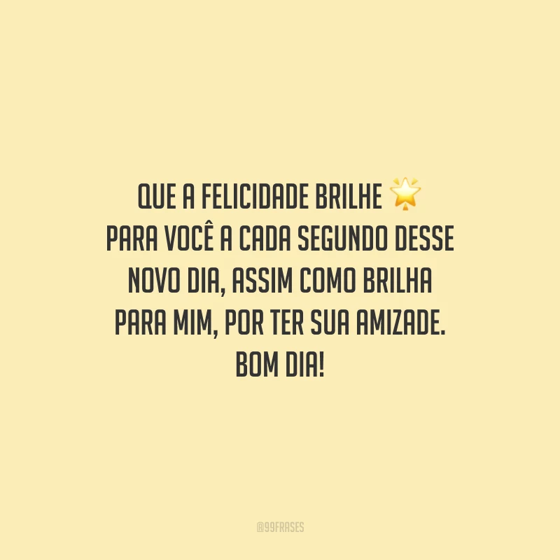 Que a felicidade brilhe para você a cada segundo desse novo dia, assim como brilha para mim, por ter sua amizade. Bom dia! 