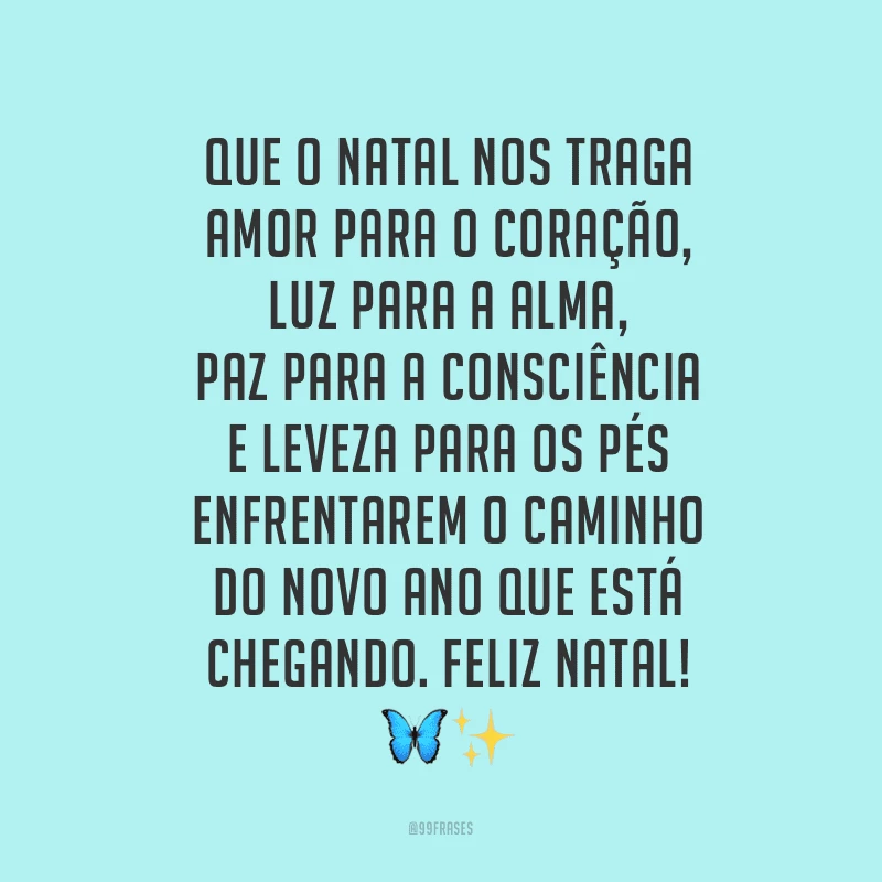 Que o Natal nos traga amor para o coração, luz para a alma, paz para a consciência e leveza para os pés enfrentarem o caminho do novo ano que está chegando. Feliz Natal!