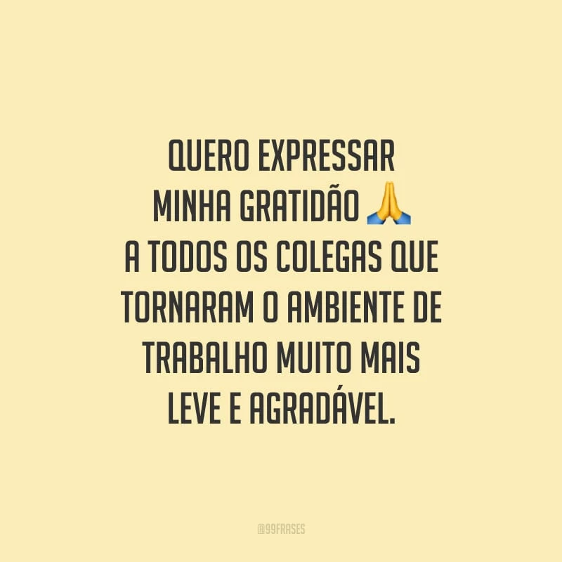 Quero expressar minha gratidão a todos os colegas que tornaram o ambiente de trabalho muito mais leve e agradável.