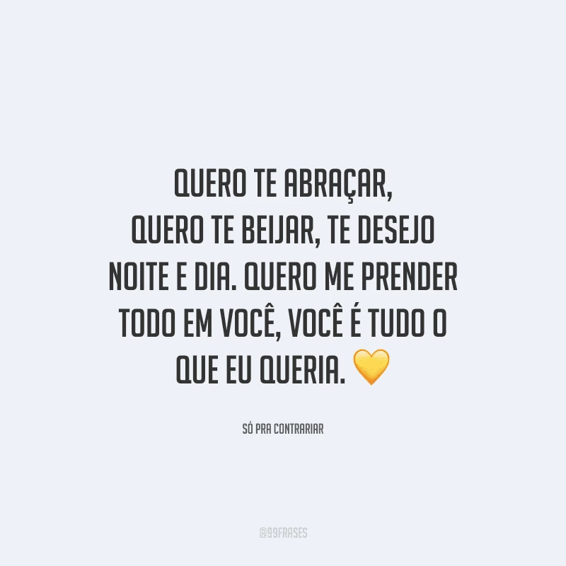 Quero te abraçar, quero te beijar, te desejo noite e dia. Quero me prender todo em você, você é tudo o que eu queria. 