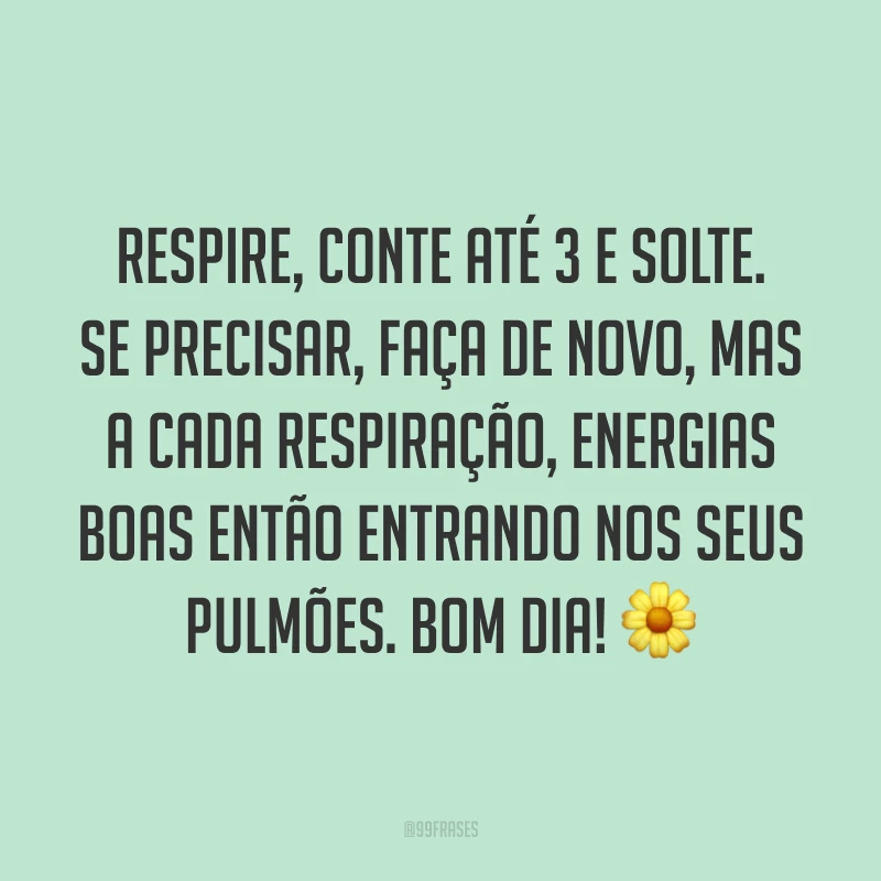 Respire, conte até 3 e solte. Se precisar, faça de novo, mas a cada respiração, energias boas então entrando nos seus pulmões. Bom dia! 🌼