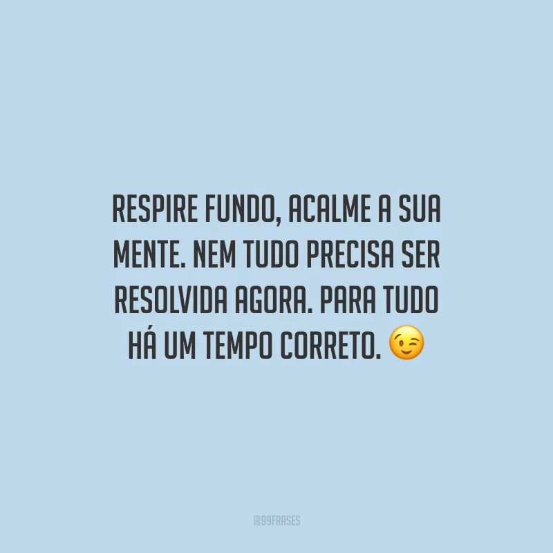 Respire fundo, acalme a sua mente. Nem tudo precisa ser resolvida agora. Para tudo há um tempo correto. 😉