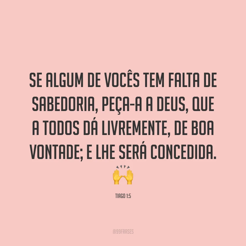 Se algum de vocês tem falta de sabedoria, peça-a a Deus, que a todos dá livremente, de boa vontade; e lhe será concedida. 🙌