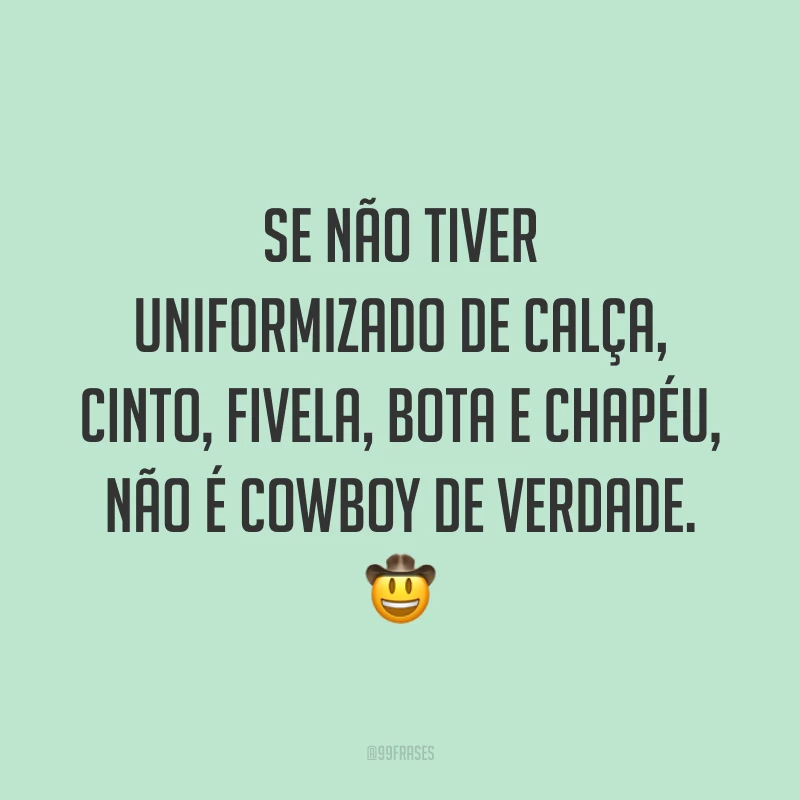Se não tiver uniformizado de calça, cinto, fivela, bota e chapéu, não é cowboy de verdade. 🤠