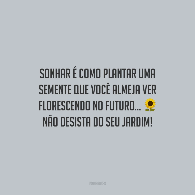 Sonhar é como plantar uma semente que você almeja ver florescendo no futuro... Não desista do seu jardim!