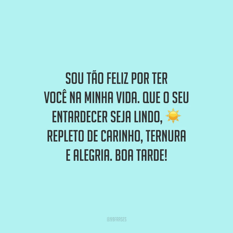 Sou tão feliz por ter você na minha vida. Que o seu entardecer seja lindo, repleto de carinho, ternura e alegria. Boa tarde!