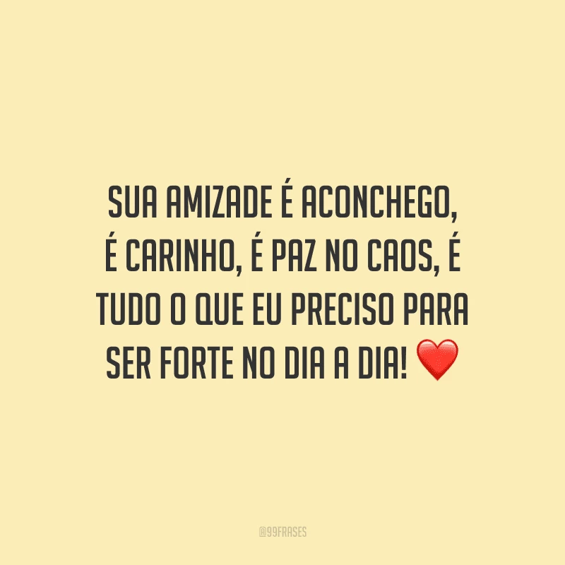 Sua amizade é aconchego, é carinho, é paz no caos, é tudo o que eu preciso para ser forte no dia a dia! 