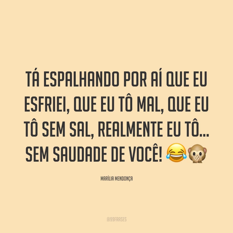 Tá espalhando por aí que eu esfriei, que eu tô mal, que eu tô sem sal, realmente eu tô... Sem saudade de você! 😂🙊