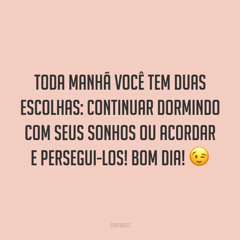 Toda manhã você tem duas escolhas: continuar dormindo com seus sonhos ou acordar e persegui-los! Bom dia! 😉