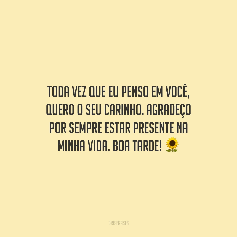 Toda vez que eu penso em você, quero o seu carinho. Agradeço por sempre estar presente na minha vida. Boa tarde!