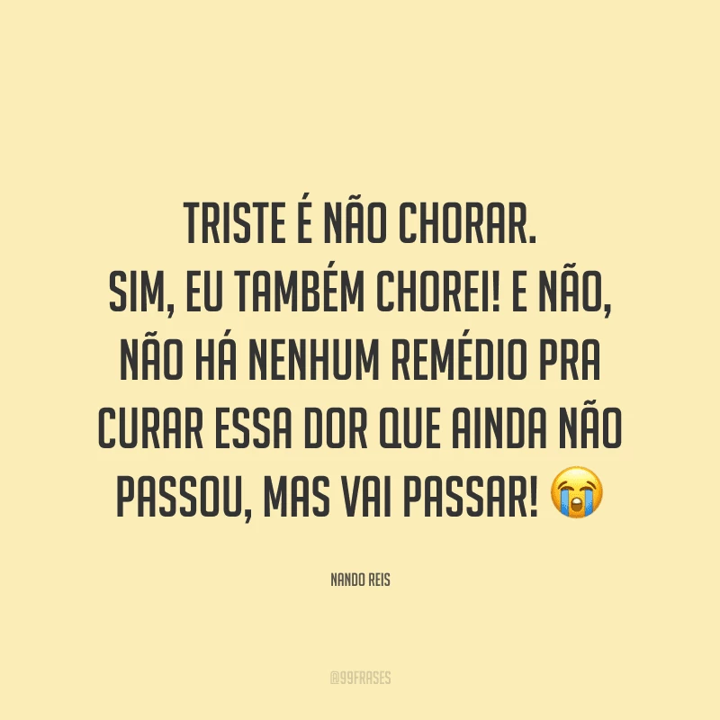 Triste é não chorar. Sim, eu também chorei! E não, não há nenhum remédio pra curar essa dor que ainda não passou, mas vai passar!