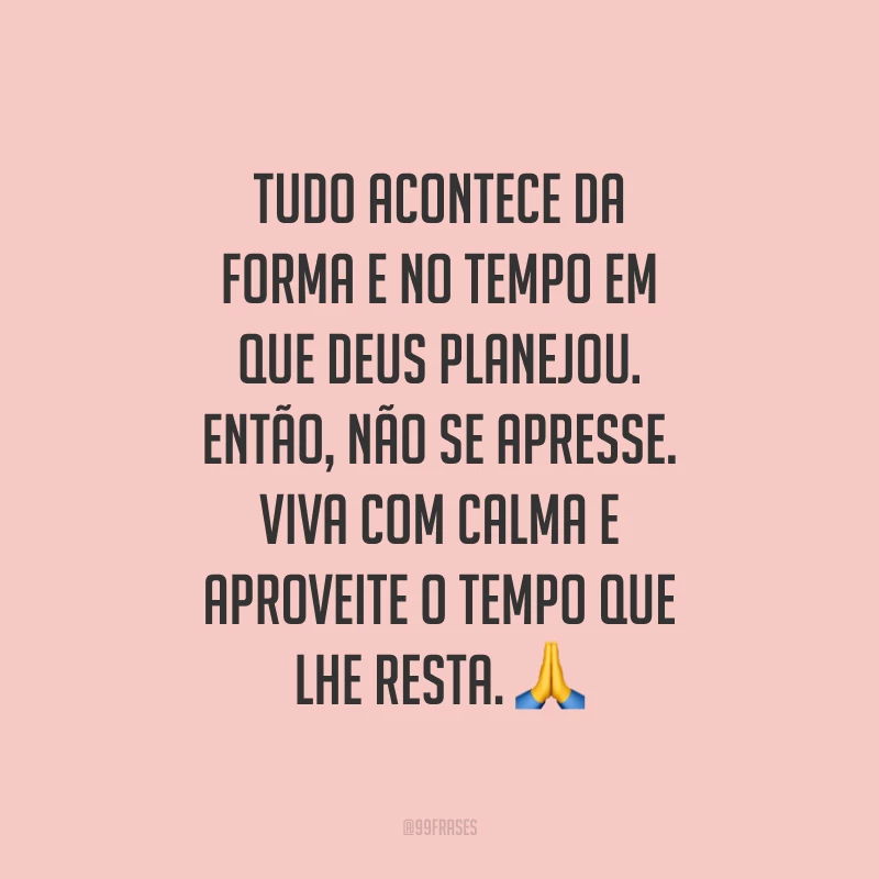 Tudo acontece da forma e no tempo em que Deus planejou. Então, não se apresse. Viva com calma e aproveite o tempo que lhe resta.