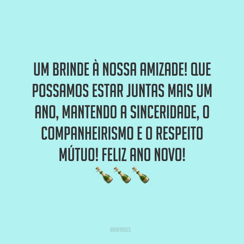 Um brinde à nossa amizade! Que possamos estar juntas mais um ano, mantendo a sinceridade, o companheirismo e o respeito mútuo! Feliz Ano Novo!