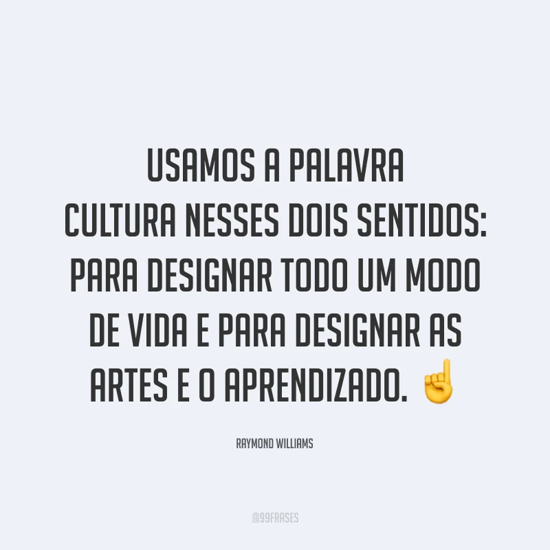 Usamos a palavra cultura nesses dois sentidos: para designar todo um modo de vida e para designar as artes e o aprendizado. ☝️