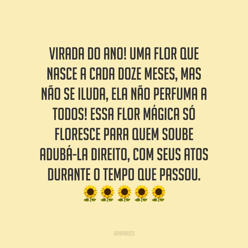Virada do ano! Uma flor que nasce a cada doze meses, mas não se iluda, ela não perfuma a todos! Essa flor mágica só floresce para quem soube adubá-la direito, com seus atos durante o tempo que passou. 