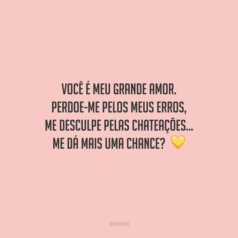 Você é meu grande amor. Perdoe-me pelos meus erros, me desculpe pelas chateações... Me dá mais uma chance?  
