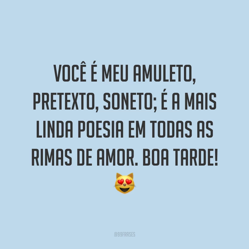 Você é meu amuleto, pretexto, soneto; é a mais linda poesia em todas as rimas de amor. Boa tarde! 😻