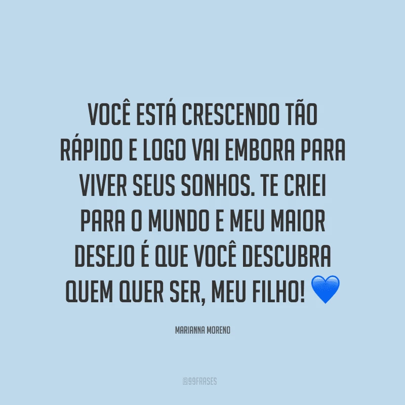 Você está crescendo tão rápido e logo vai embora para viver seus sonhos. Te criei para o mundo e meu maior desejo é que você descubra quem quer ser, meu filho! ?