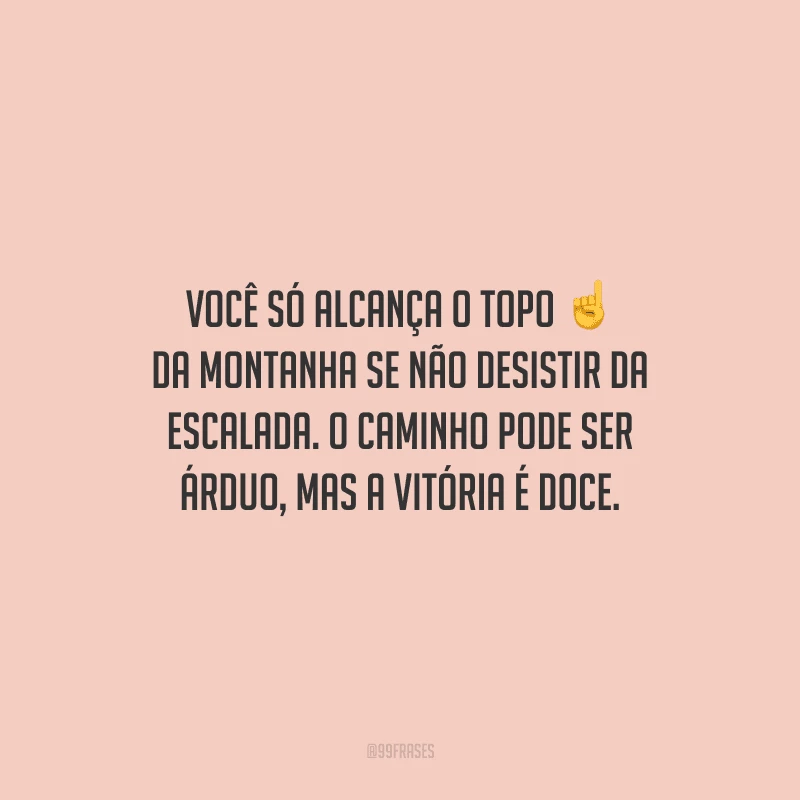 Você só alcança o topo da montanha se não desistir da escalada. O caminho pode ser árduo, mas a vitória é doce.