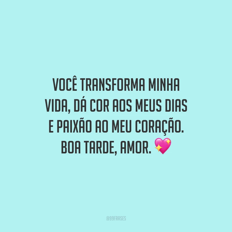 Você transforma minha vida, dá cor aos meus dias e paixão ao meu coração. Boa tarde, amor.