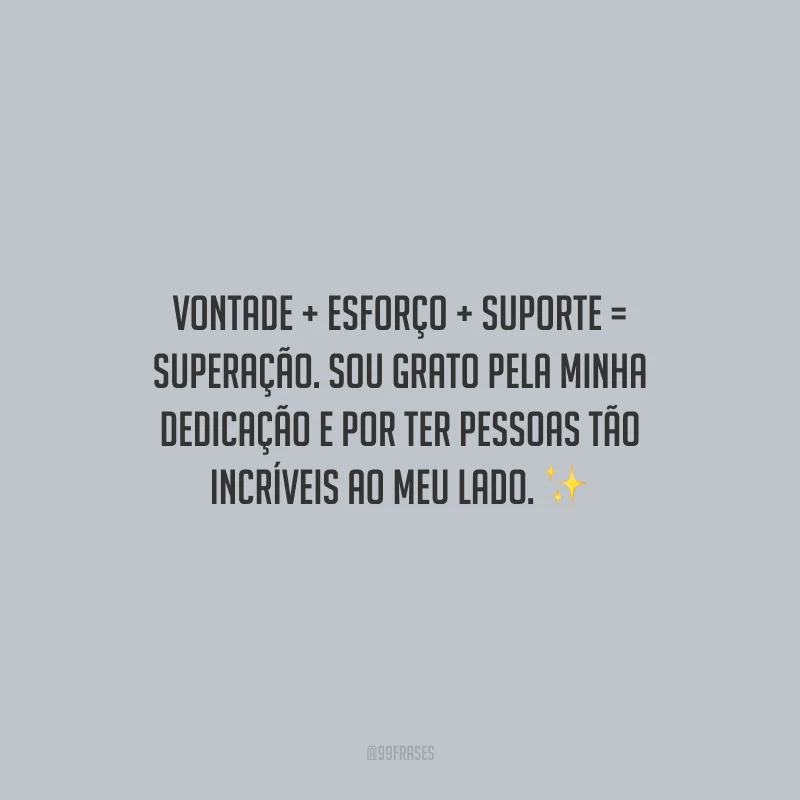 Vontade + esforço + suporte = superação. Sou grato pela minha dedicação e por ter pessoas tão incríveis ao meu lado.