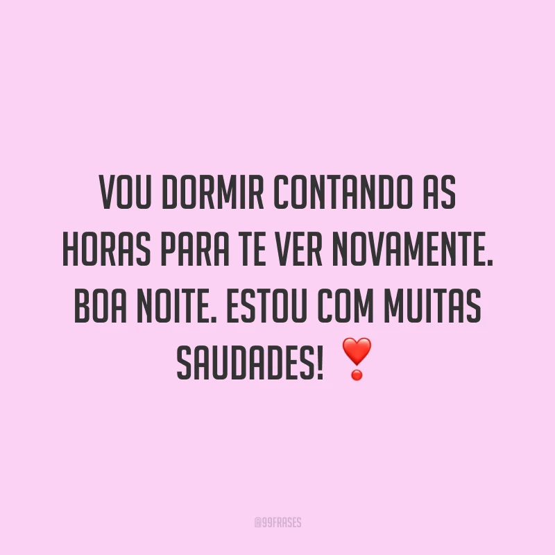 Vou dormir contando as horas para te ver novamente. Boa noite. Estou com muitas saudades! ❣️