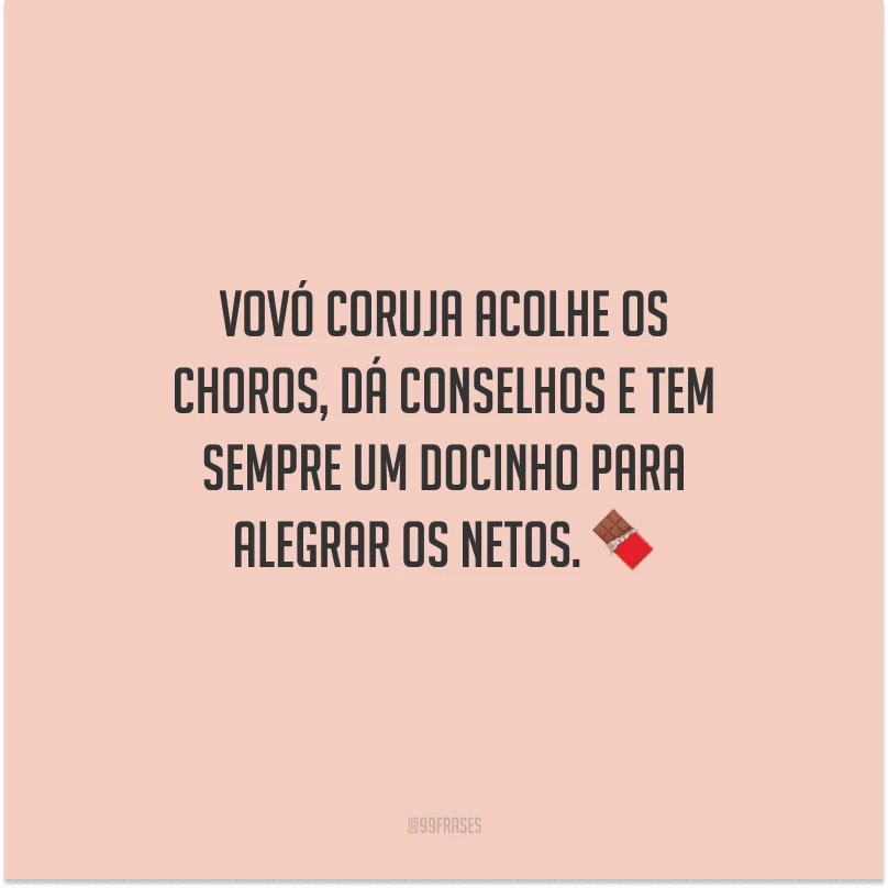 Vovó coruja acolhe os choros, dá conselhos e tem sempre um docinho para alegrar os netos.